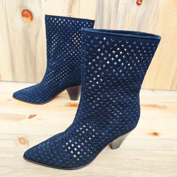 Paige Layla Mid Calf Boot Black Suede Perforated Pointed Toe Heeled - Picture 3 of 6